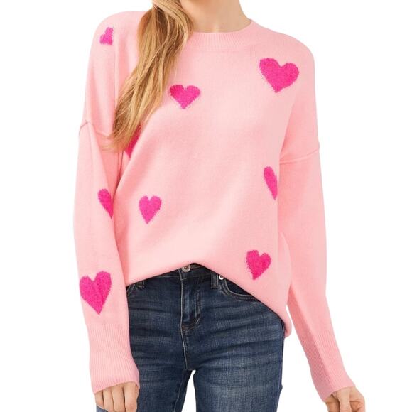 CeCe Sweaters - CeCe Women’s Scattered Hearts Print Crewneck Long Sleeve Sweater Pink Size L